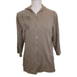 Weekends by Chicos olive green embroidered hoodie full zip 3/4 sleeve floral 8